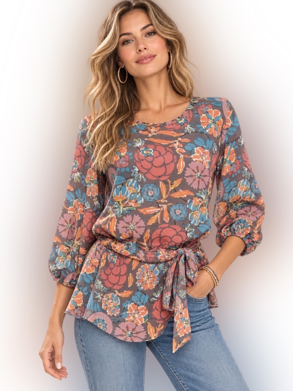 Matilda Jane Womens Boho Floral Jacquard  Top Sz Small Tie Waist 3/4 Sleeve Chic